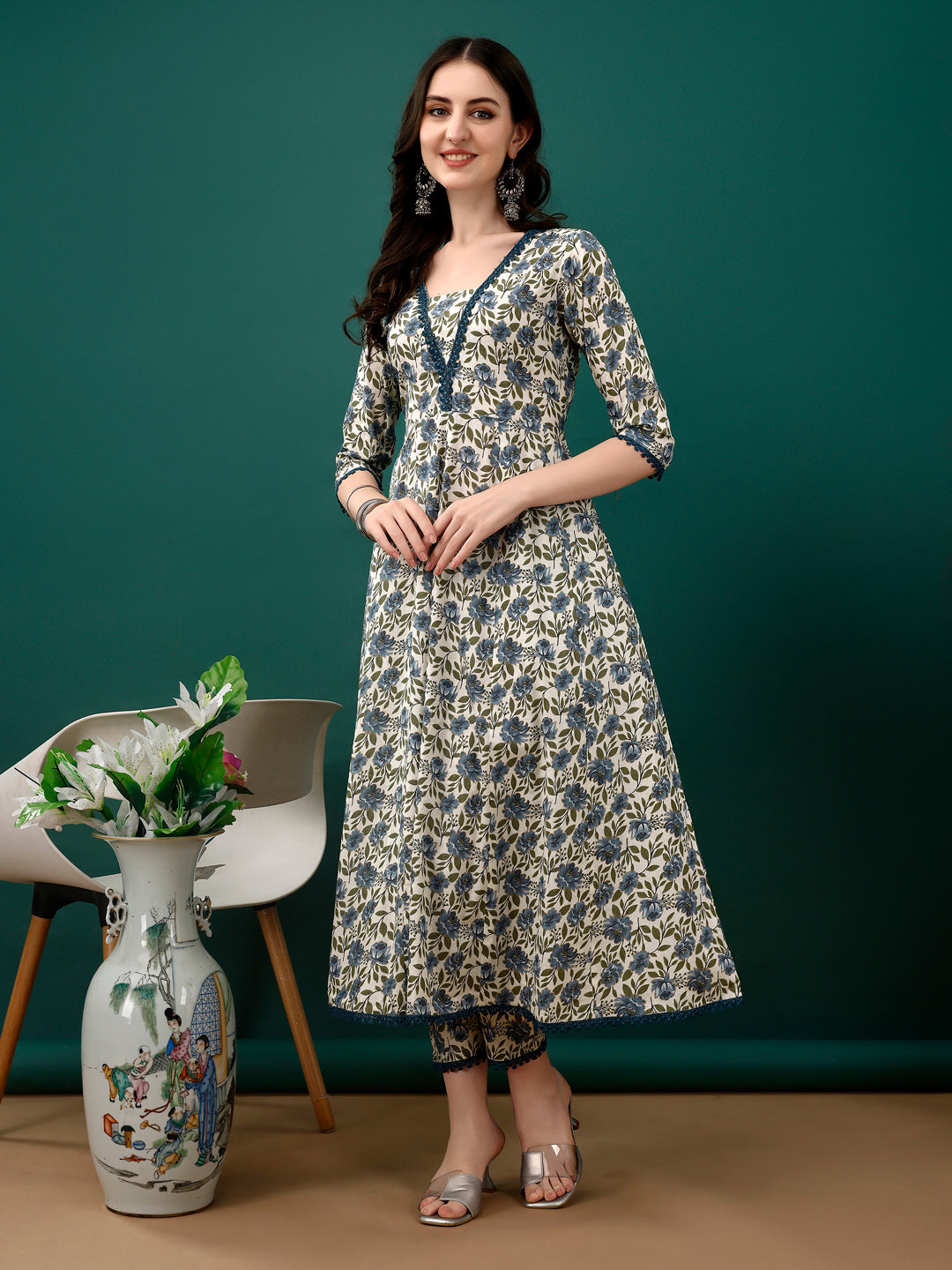 Navy Blue Floral Printed Anarkali Kurta Set with Pant and Dupatta