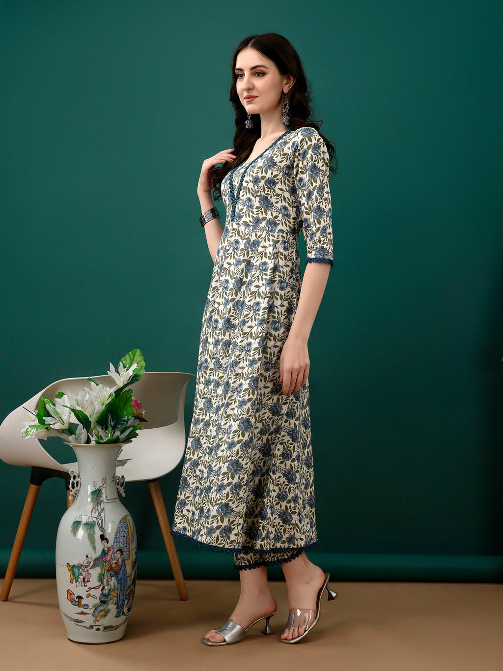 Navy Blue Floral Printed Anarkali Kurta Set with Pant and Dupatta