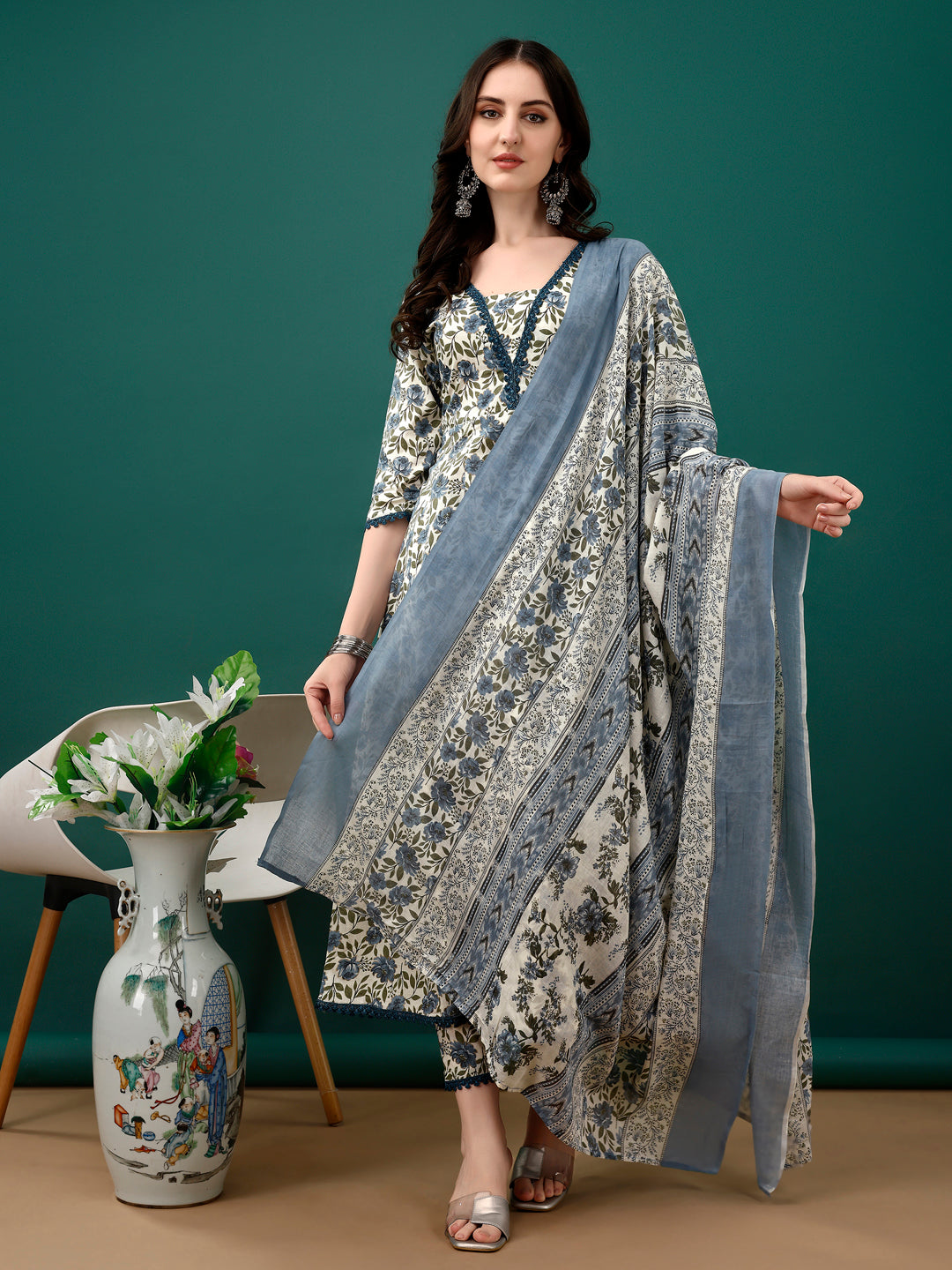 Navy Blue Floral Printed Anarkali Kurta Set with Pant and Dupatta