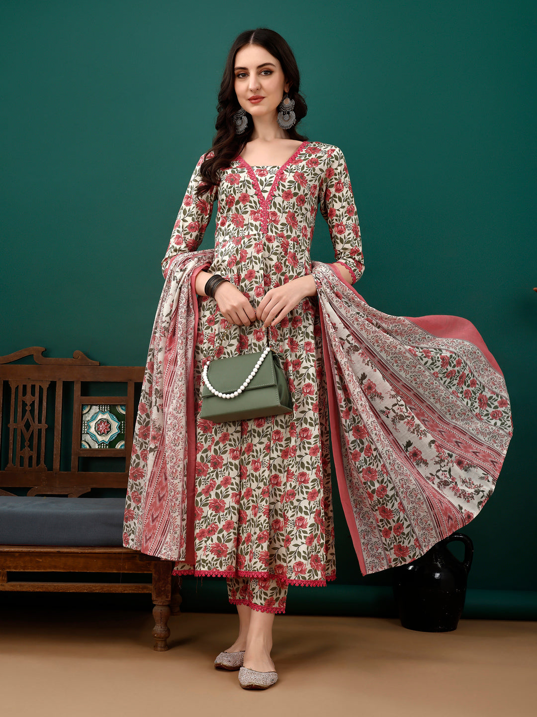 Floral Printed Anarkali Kurta Set with Pant and Dupatta in Pink