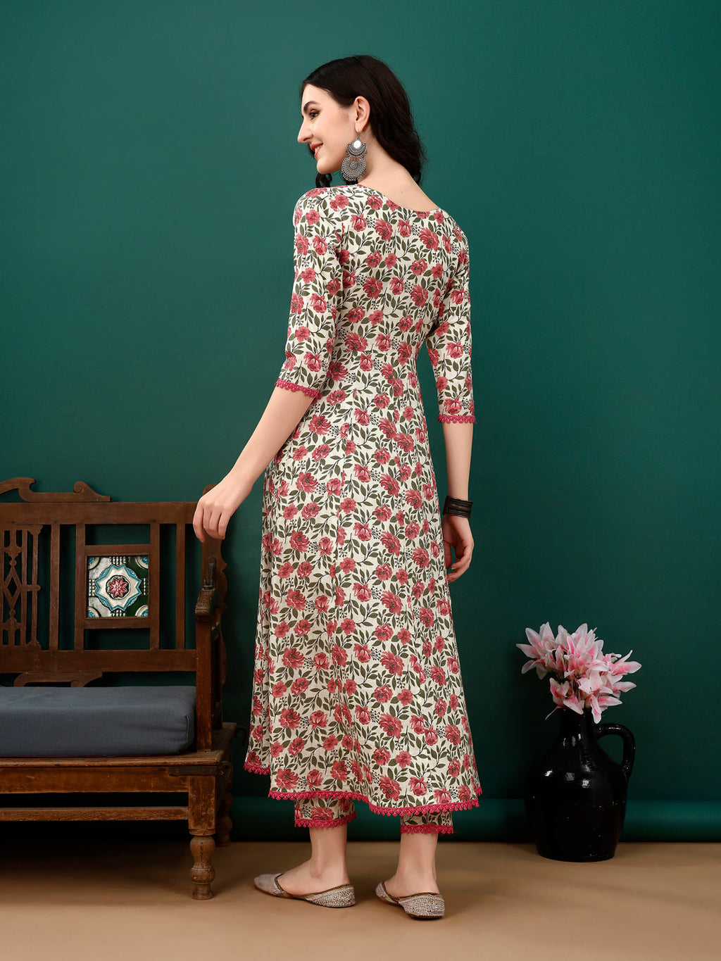 Floral Printed Anarkali Kurta Set with Pant and Dupatta in Pink