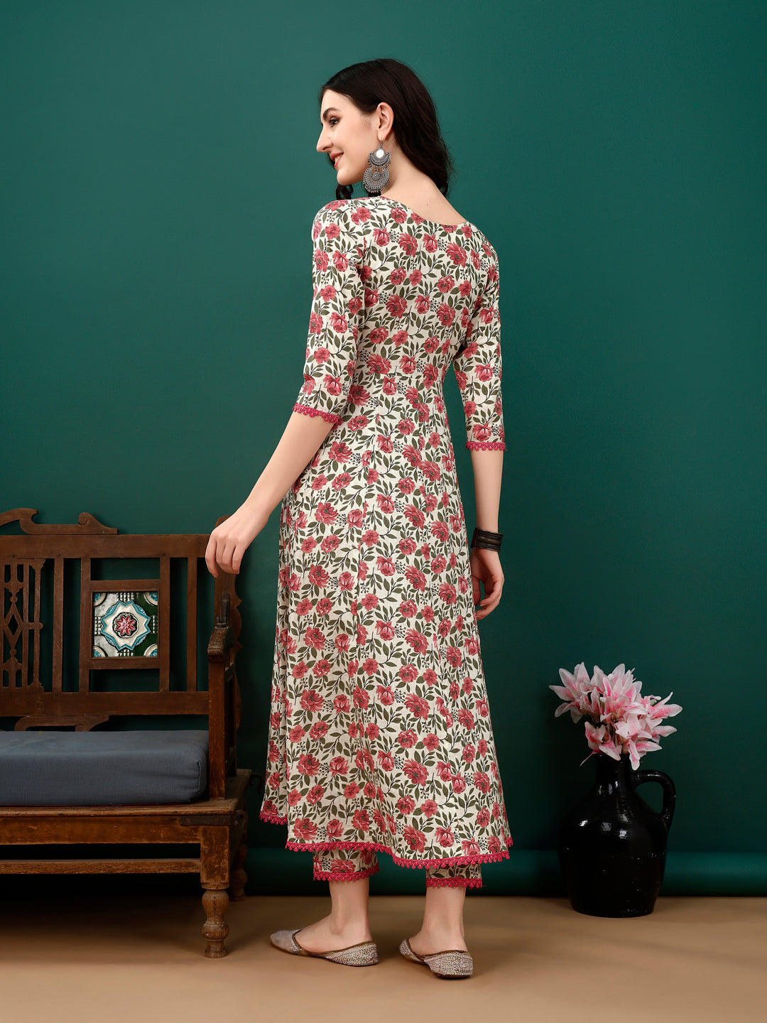 Floral Printed Anarkali Kurta Set with Pant and Dupatta in Pink