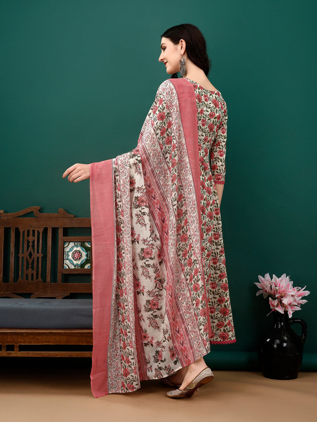 Floral Printed Anarkali Kurta Set with Pant and Dupatta in Pink
