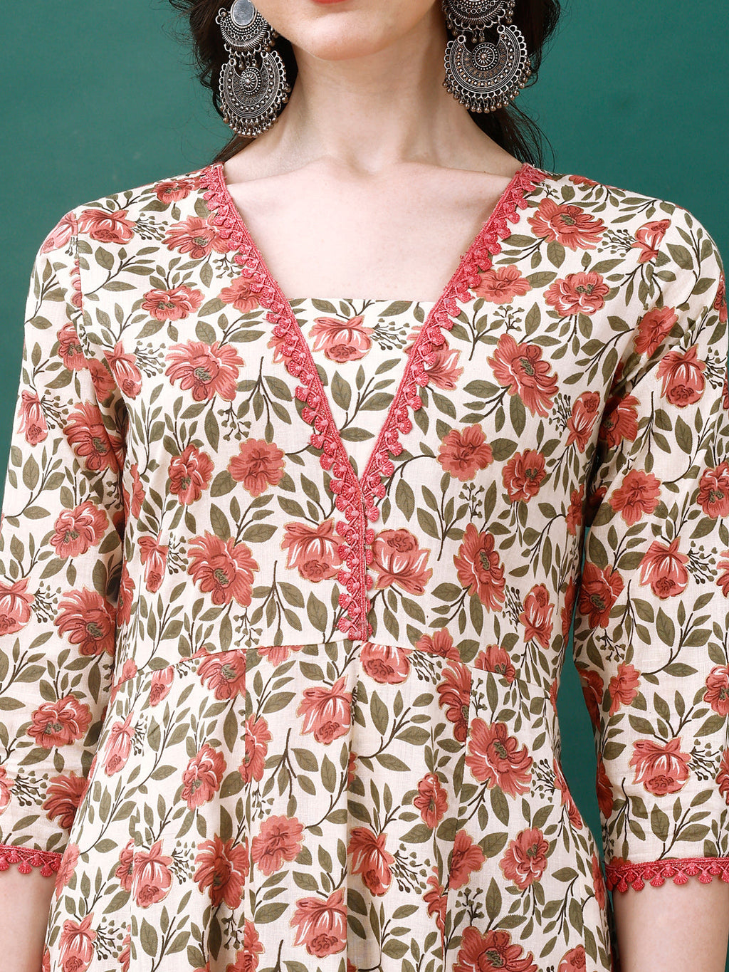 Floral Printed Anarkali Kurta Set with Pant and Dupatta in Pink