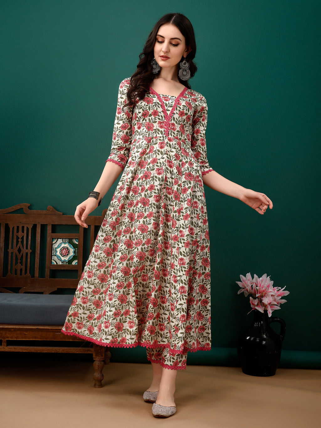 Floral Printed Anarkali Kurta Set with Pant and Dupatta in Pink