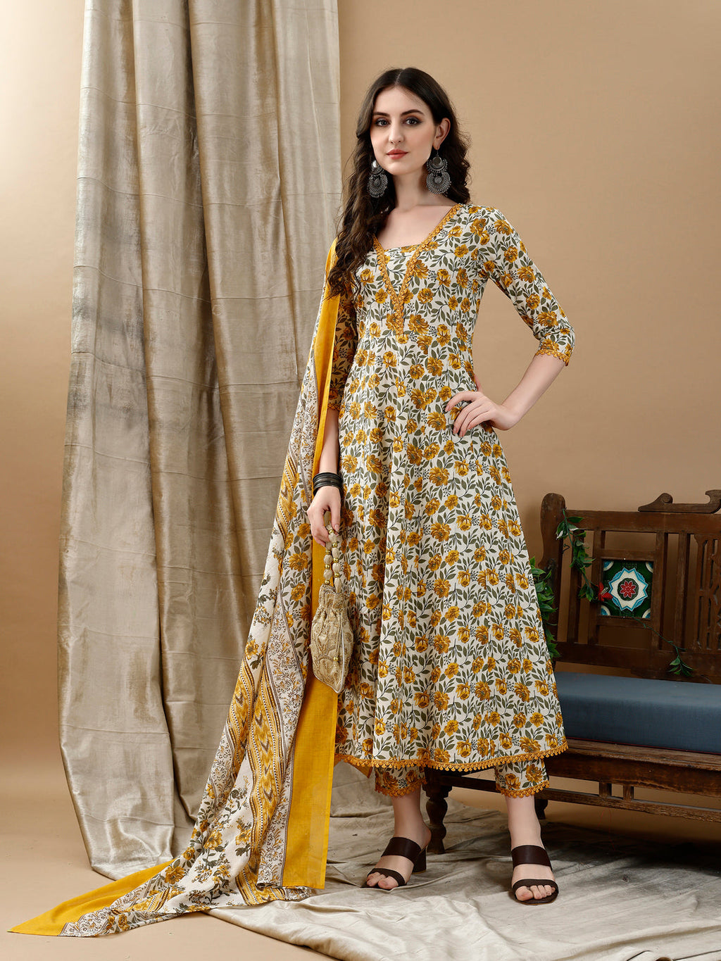 Multicolor floral printed Anarkali kurta set with matching dupatta and pants