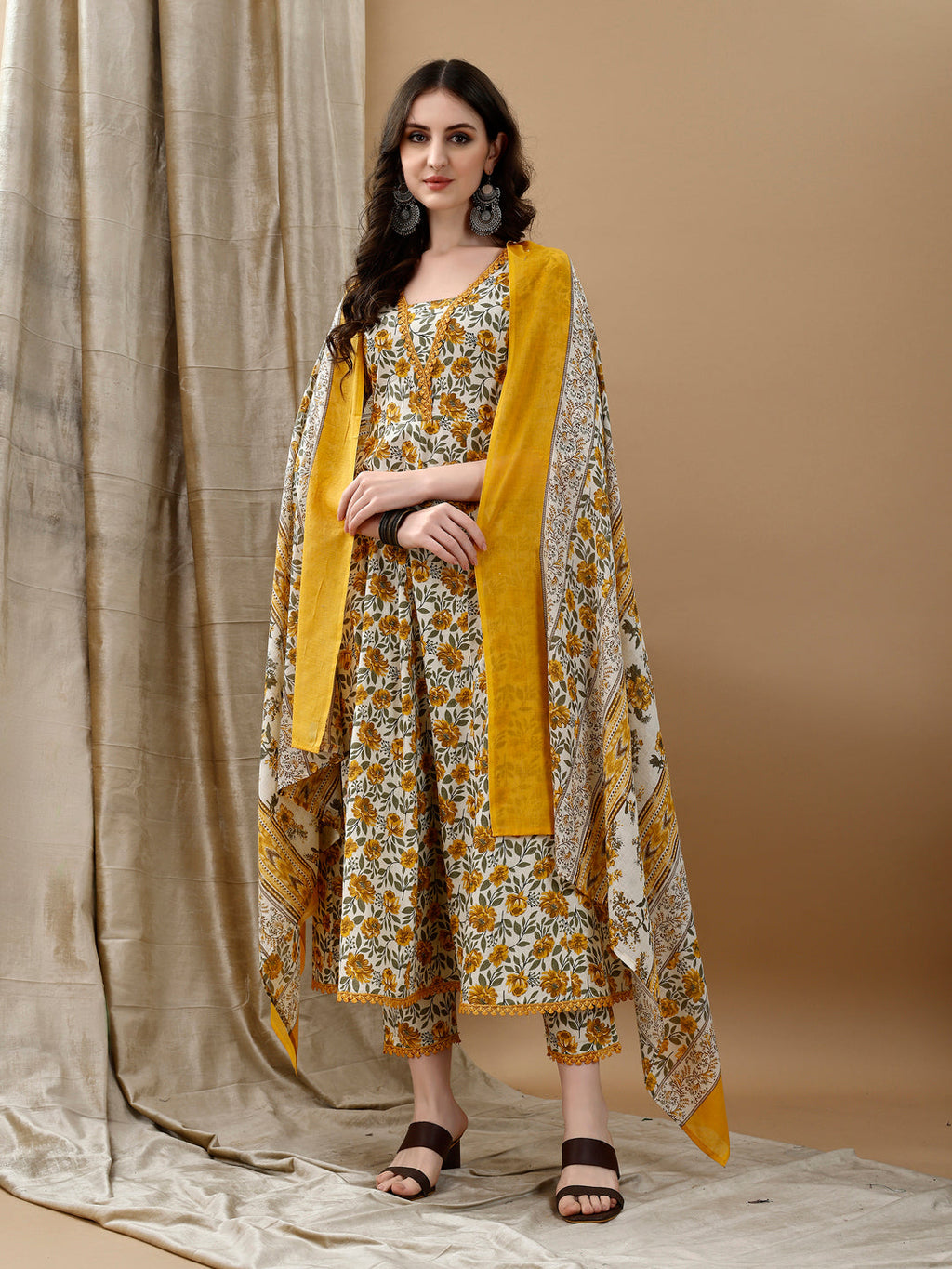 Multicolor Floral Printed Anarkali Kurta Set with Dupatta