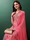 Pink flared kurta with floral print and embroidery paired with matching pants and dupatta