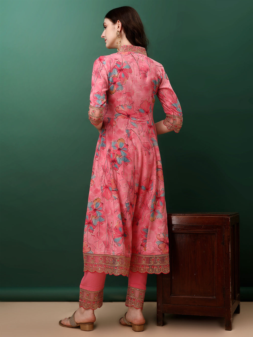 Pink Floral Printed Flared Kurta Set with Embroidery