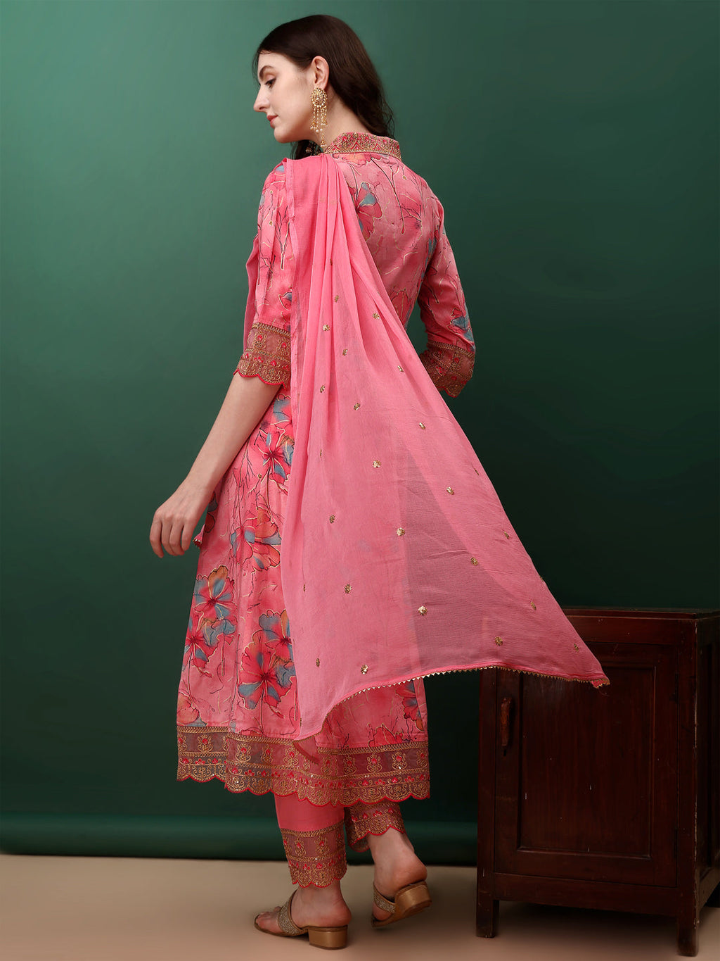 Pink Floral Printed Flared Kurta Set with Embroidery