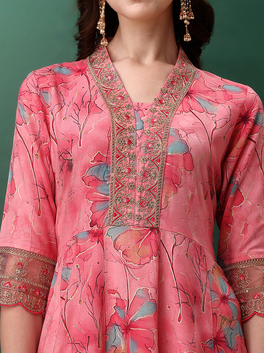 Pink Floral Printed Flared Kurta Set with Embroidery