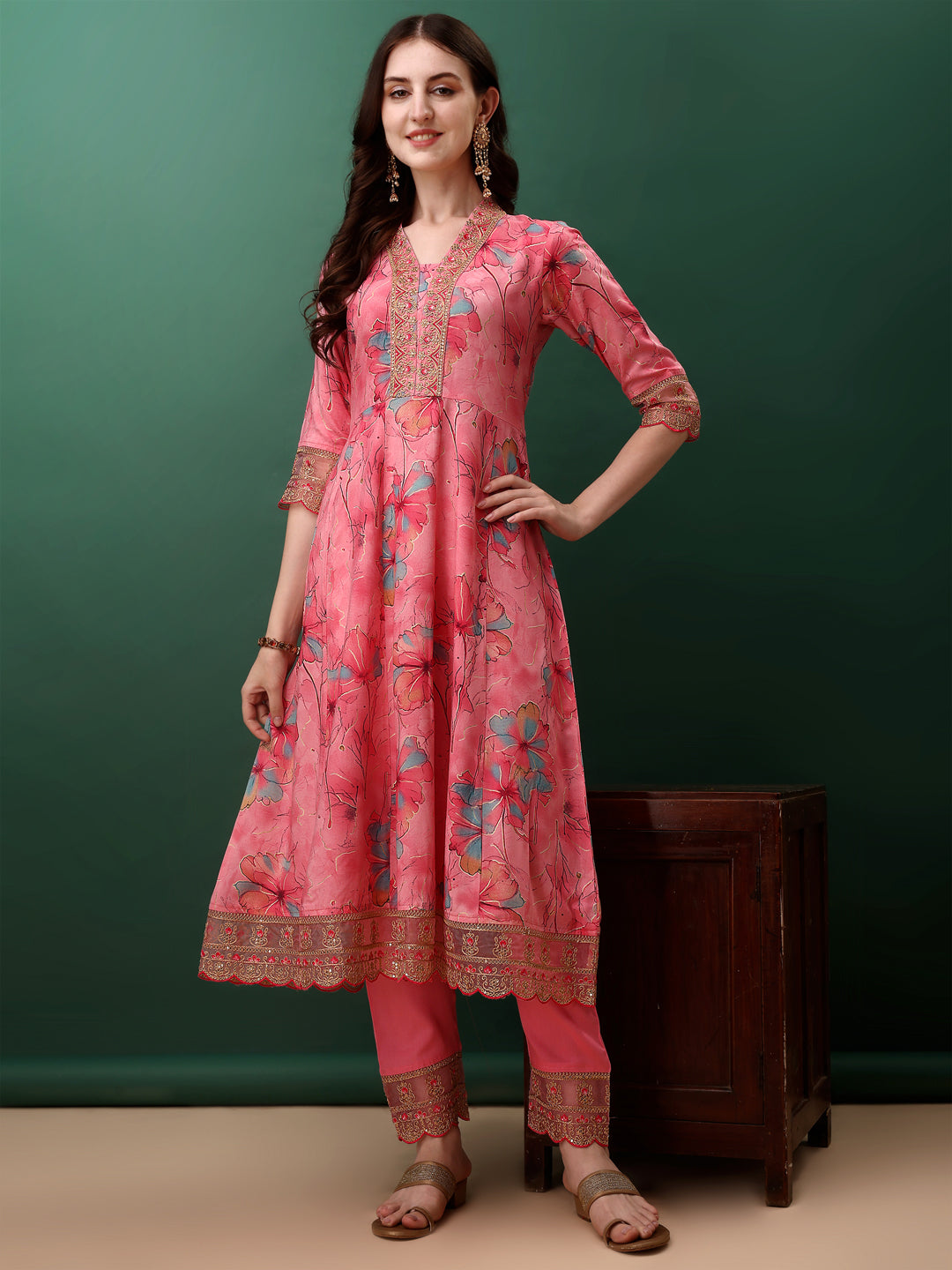 Pink Floral Printed Flared Kurta Set with Embroidery