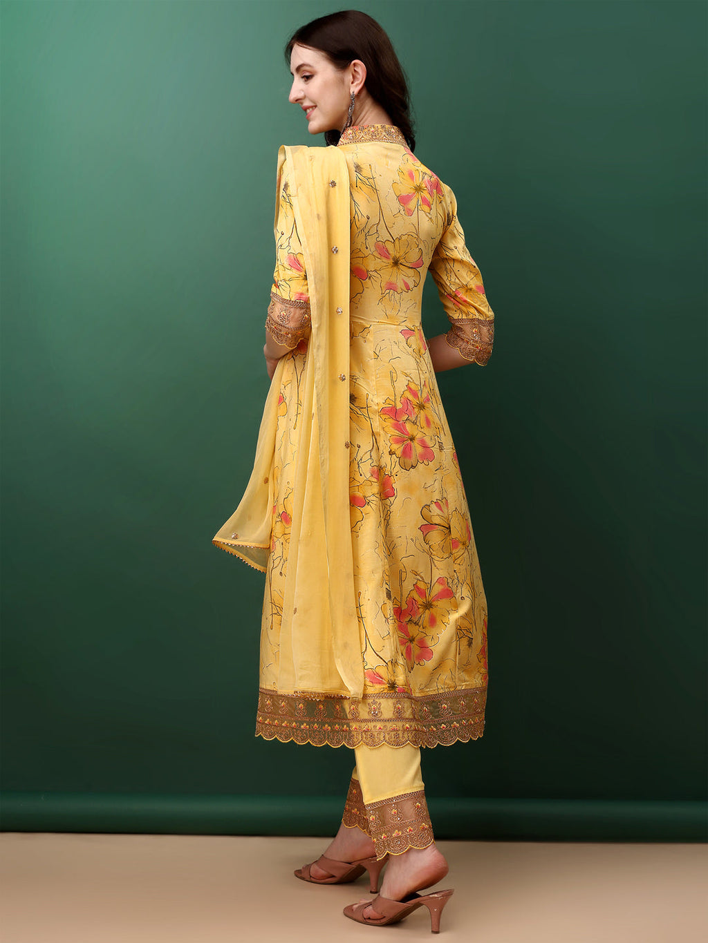 Yellow Embroidered and Floral Printed Flared Kurta Set