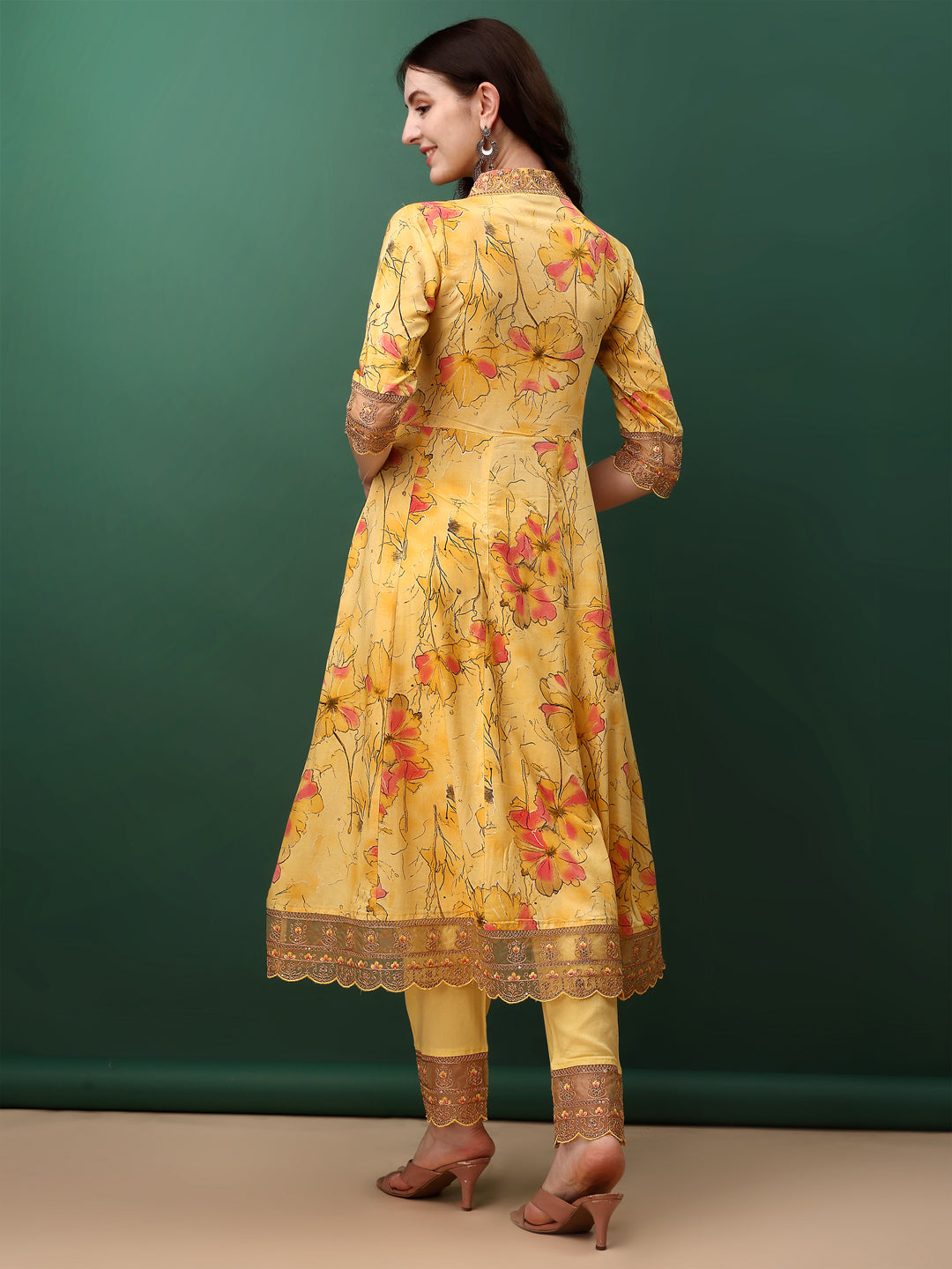 Yellow Embroidered and Floral Printed Flared Kurta Set