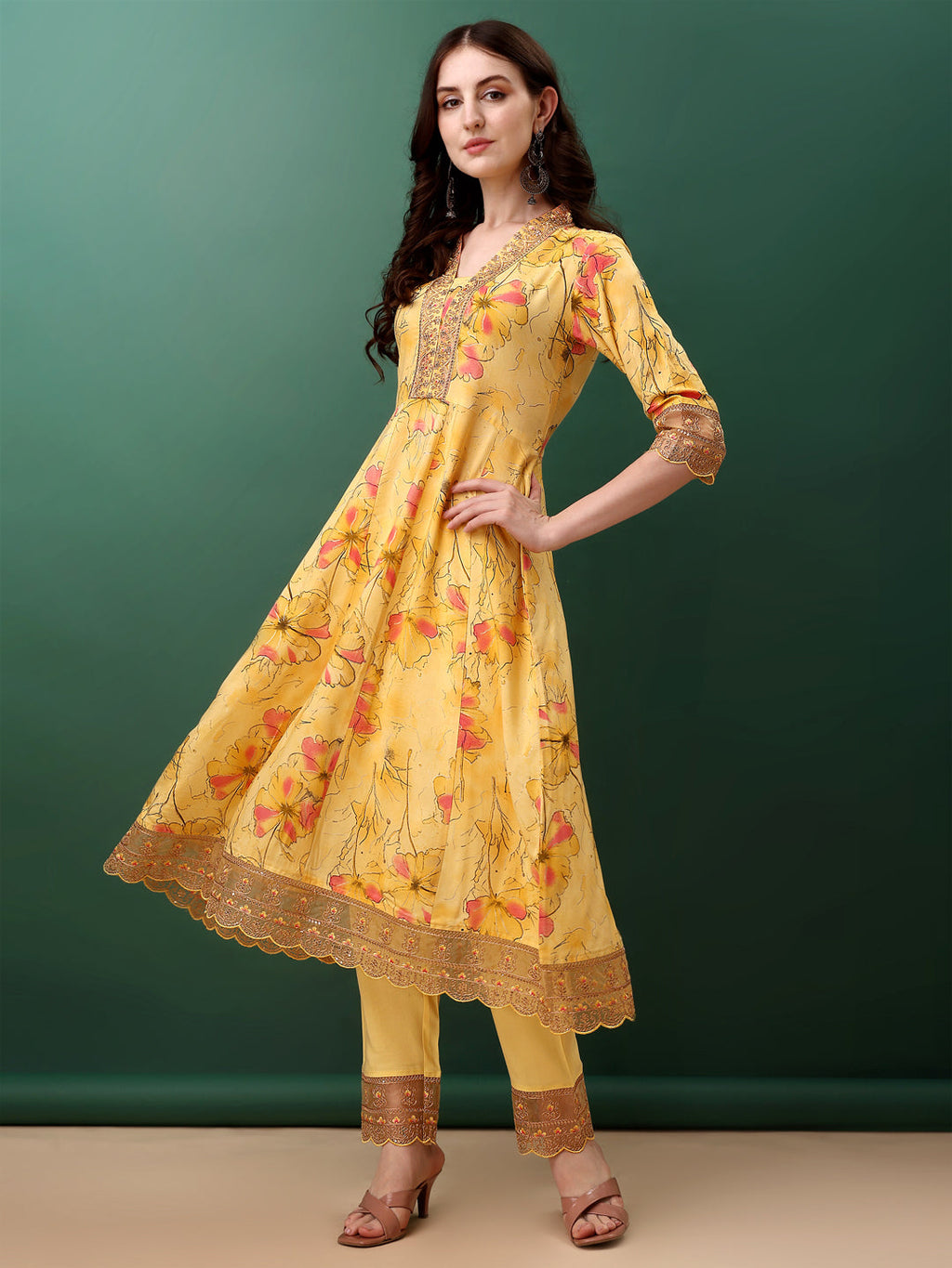 Yellow Embroidered and Floral Printed Flared Kurta Set