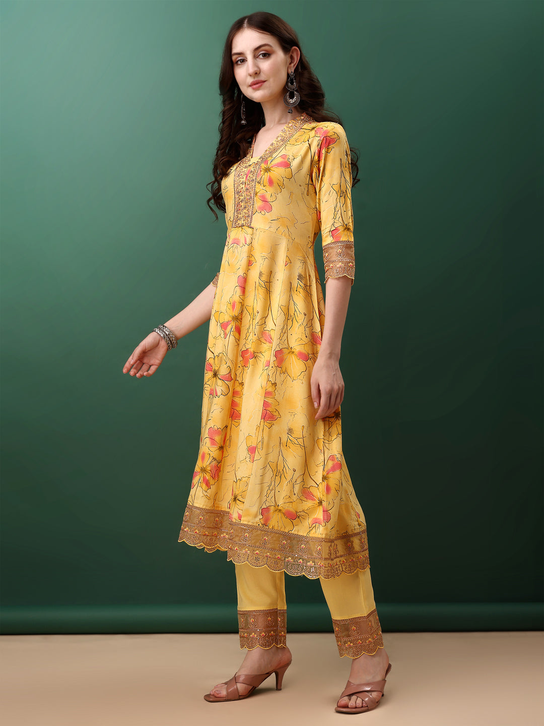 Yellow Embroidered and Floral Printed Flared Kurta Set
