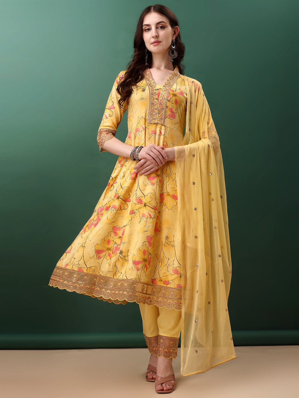 Yellow floral printed flared kurta with embroidery, pant, and dupatta