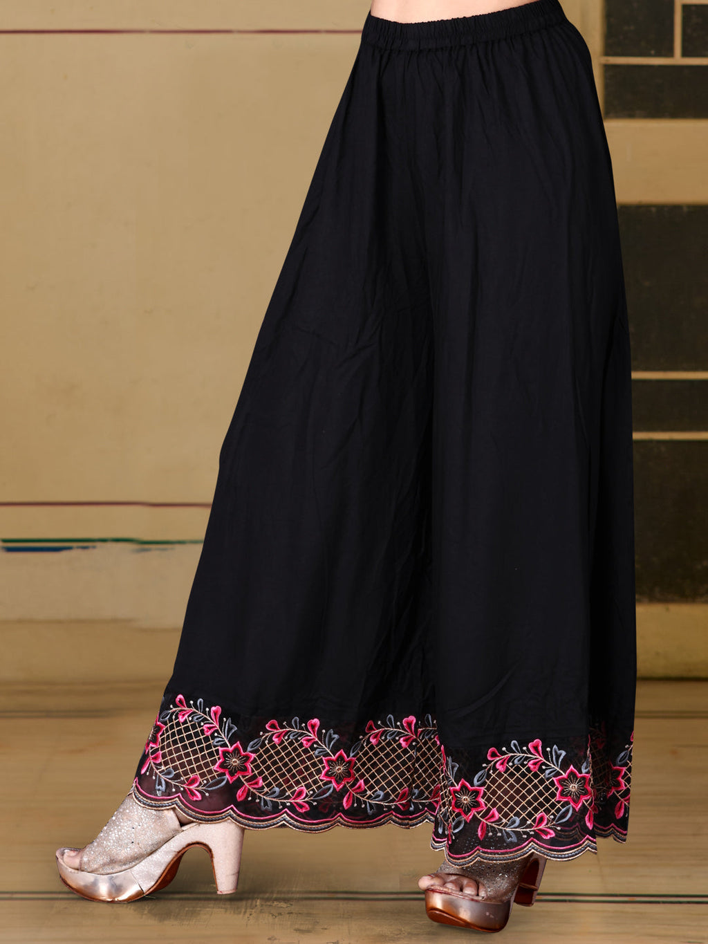 Black Pakistani Flared Embroidered Kurta Set with Pallazo
