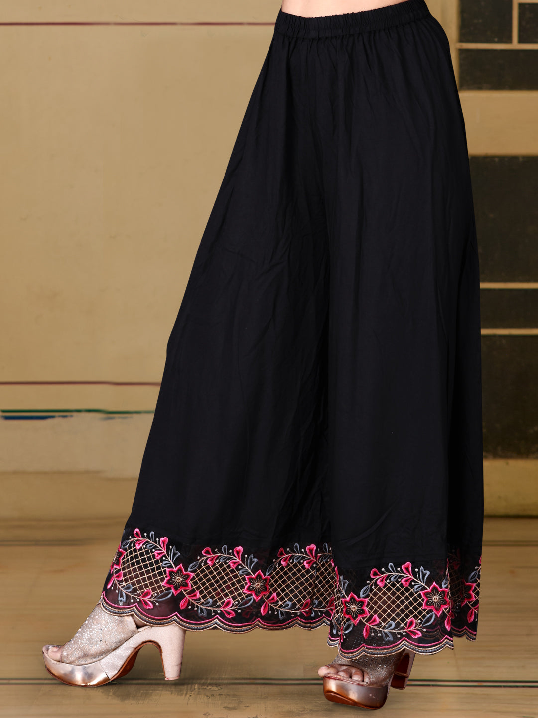 Black Pakistani Flared Embroidered Kurta Set with Pallazo
