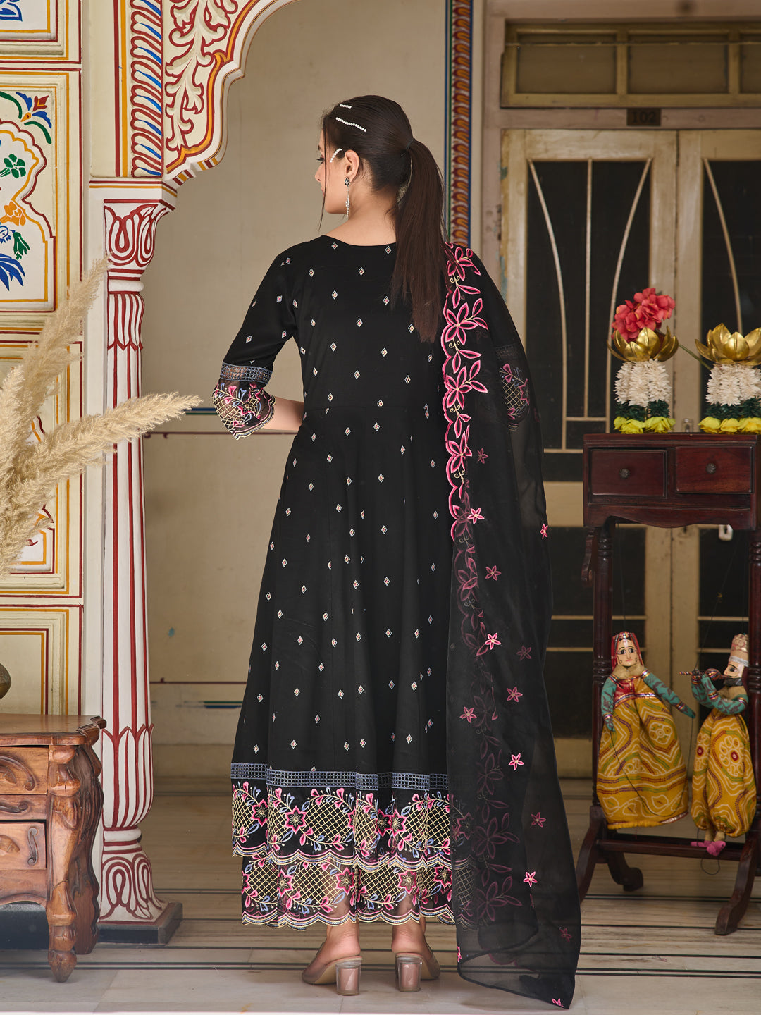 Black Pakistani Flared Embroidered Kurta Set with Pallazo