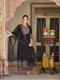 Black Pakistani flared kurta with embroidered pallazo and dupatta