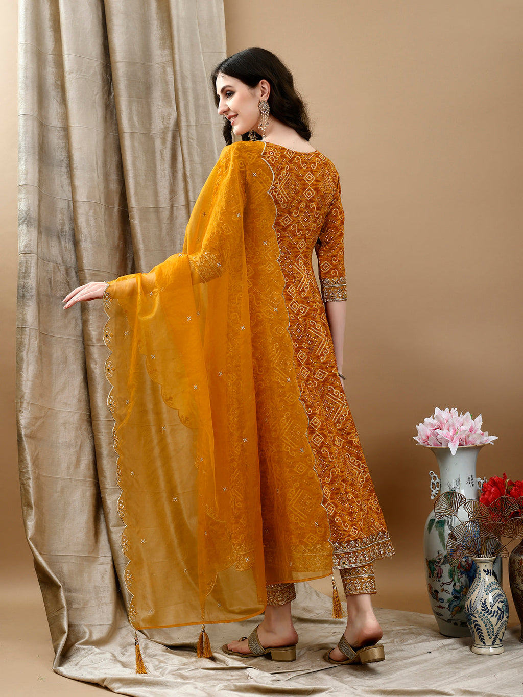 Mustard Bandhani Printed Flared Kurta Set with Pant & Dupatta