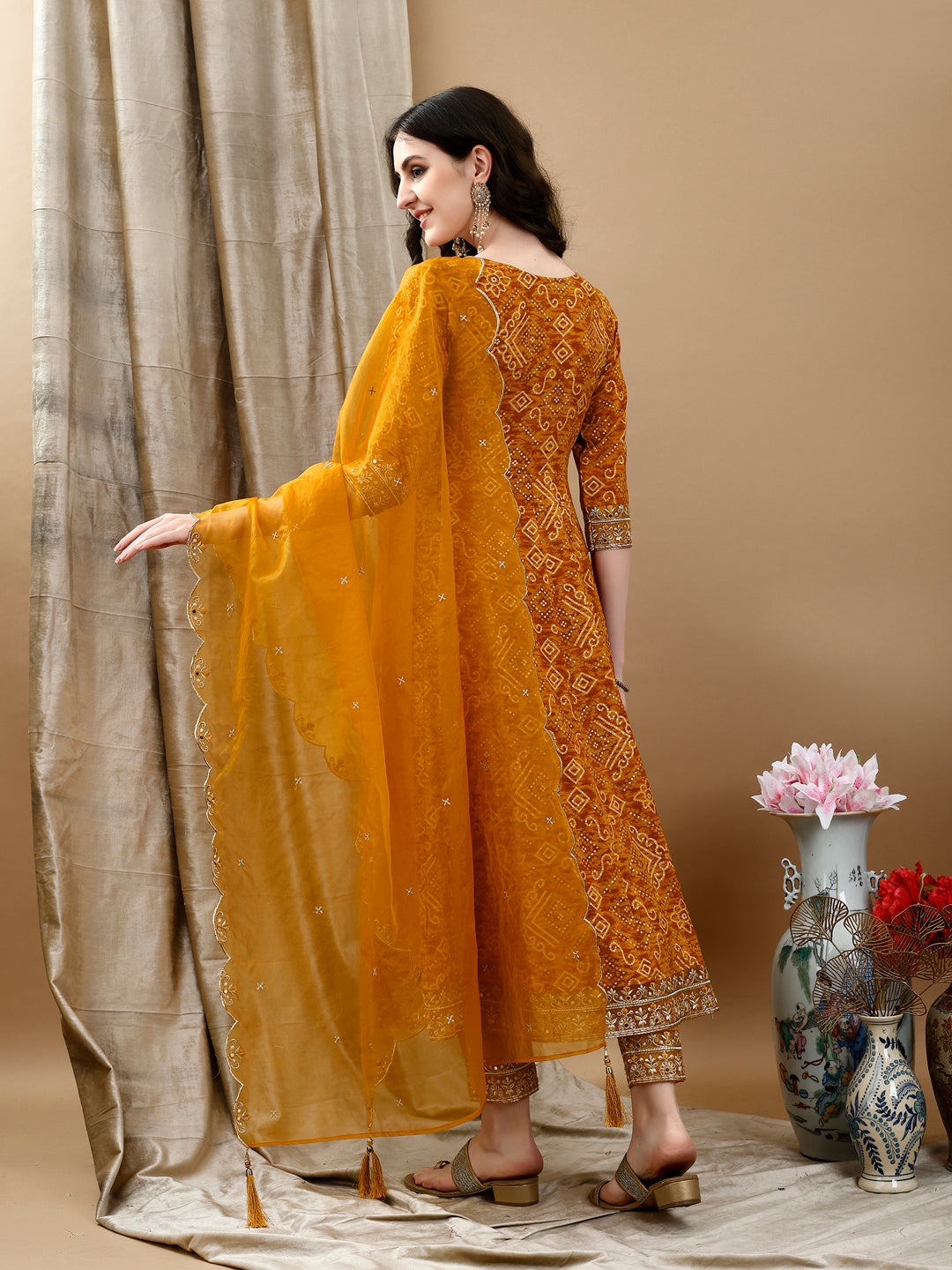 Mustard Bandhani Printed Flared Kurta Set with Pant & Dupatta