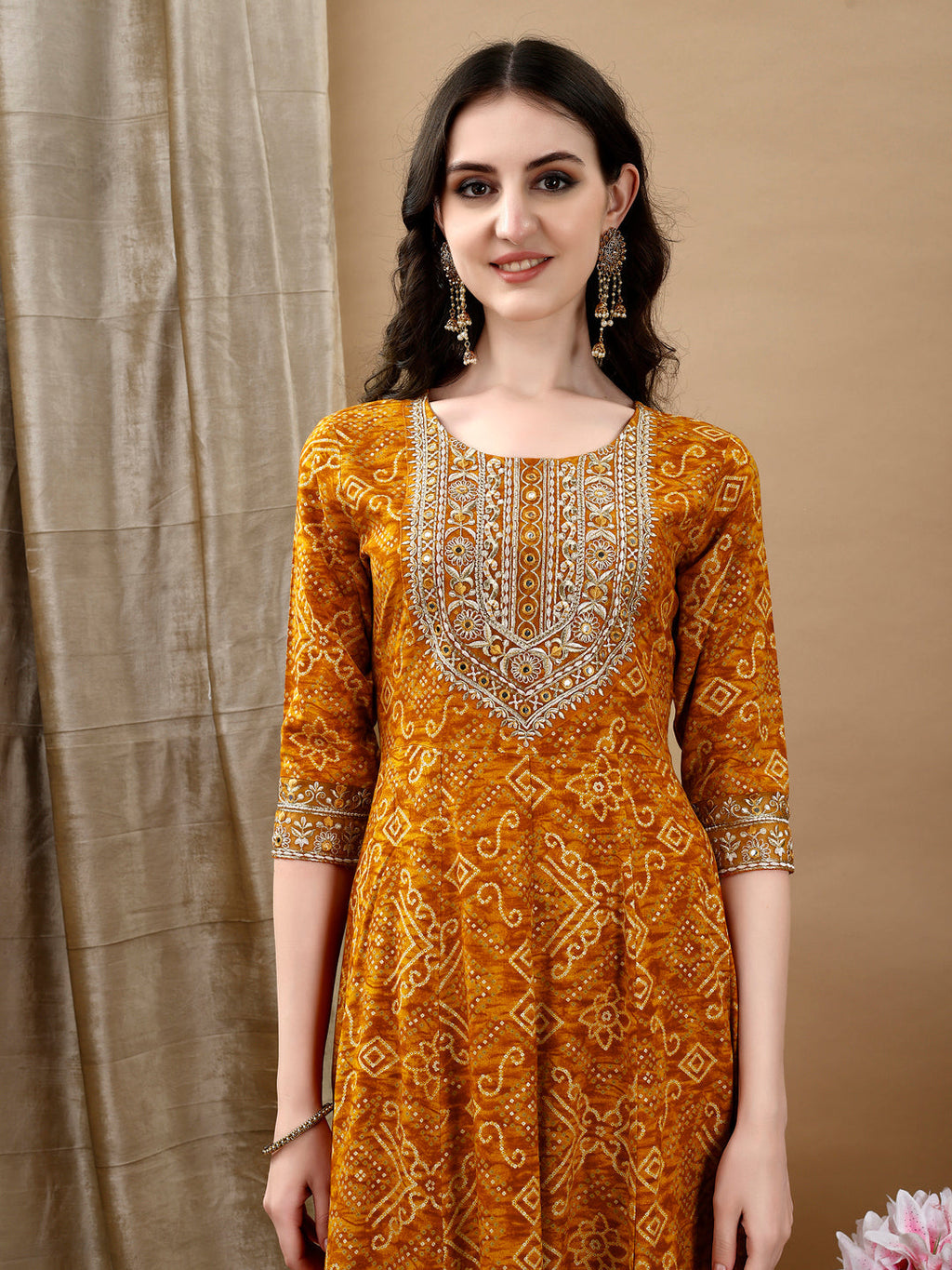 Mustard Bandhani Printed Flared Kurta Set with Pant & Dupatta