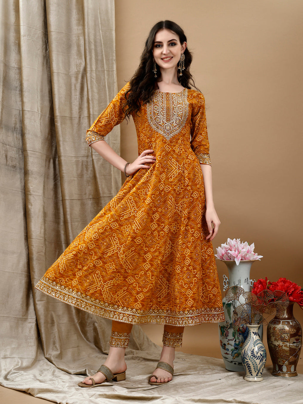 Mustard Bandhani Printed Flared Kurta Set with Pant & Dupatta