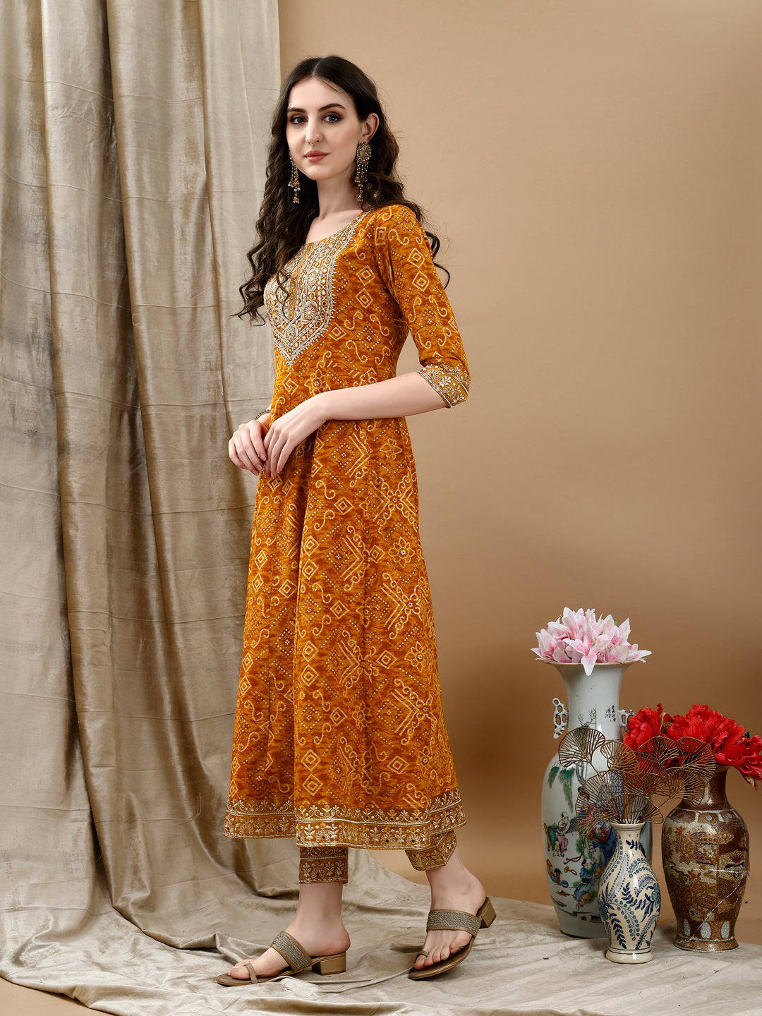 Mustard Bandhani Printed Flared Kurta Set with Pant & Dupatta