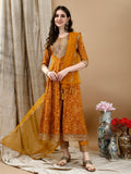 Mustard Bandhani printed flared rayon kurta with pants and dupatta