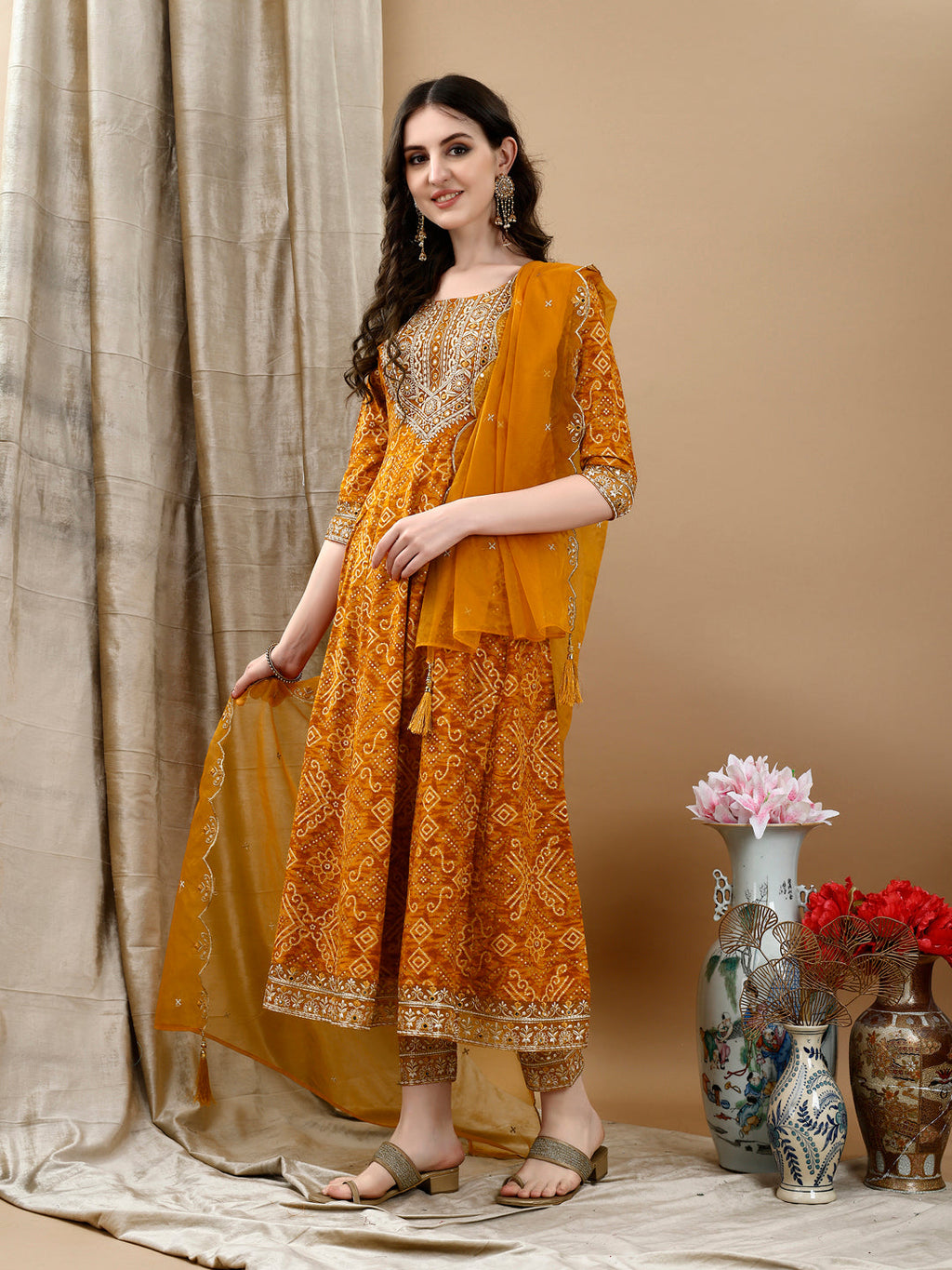 Mustard Bandhani Printed Flared Kurta Set with Pant & Dupatta