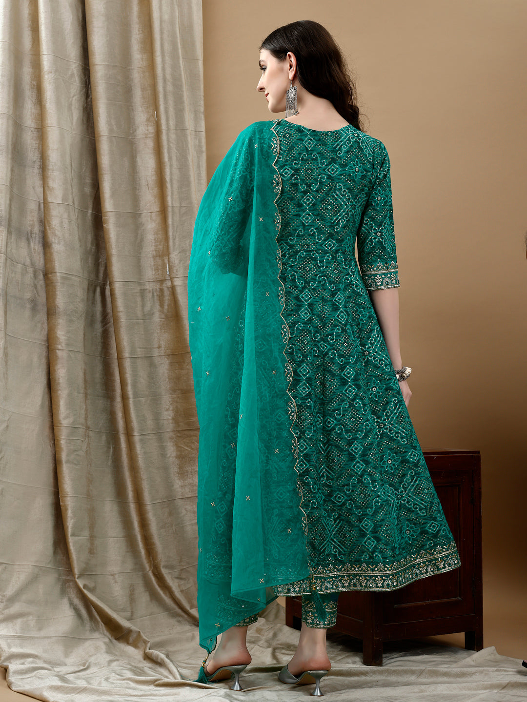 Green Flared Kurta Set with Bandhani Print and Dupatta