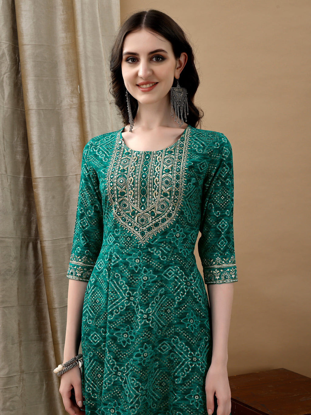 Green Flared Kurta Set with Bandhani Print and Dupatta