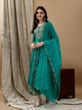 Green flared rayon kurta with Bandhani print and matching dupatta