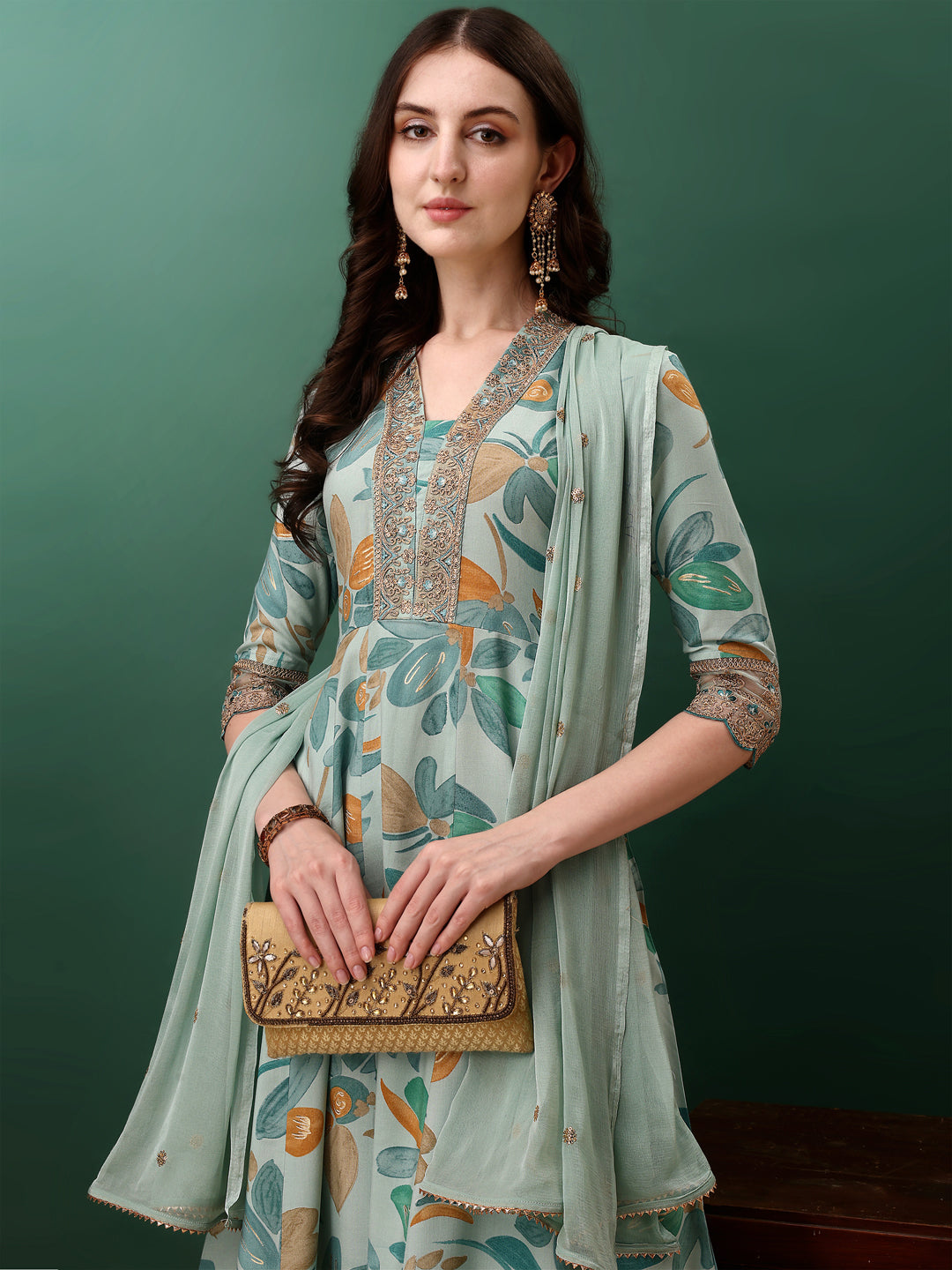 Blue flared kurta with floral print, embroidery, and matching dupatta