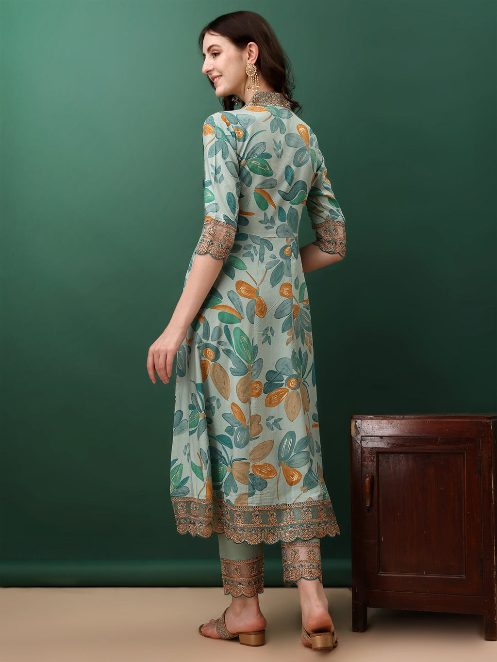Blue Flared Floral Printed Kurta Set with Embroidery
