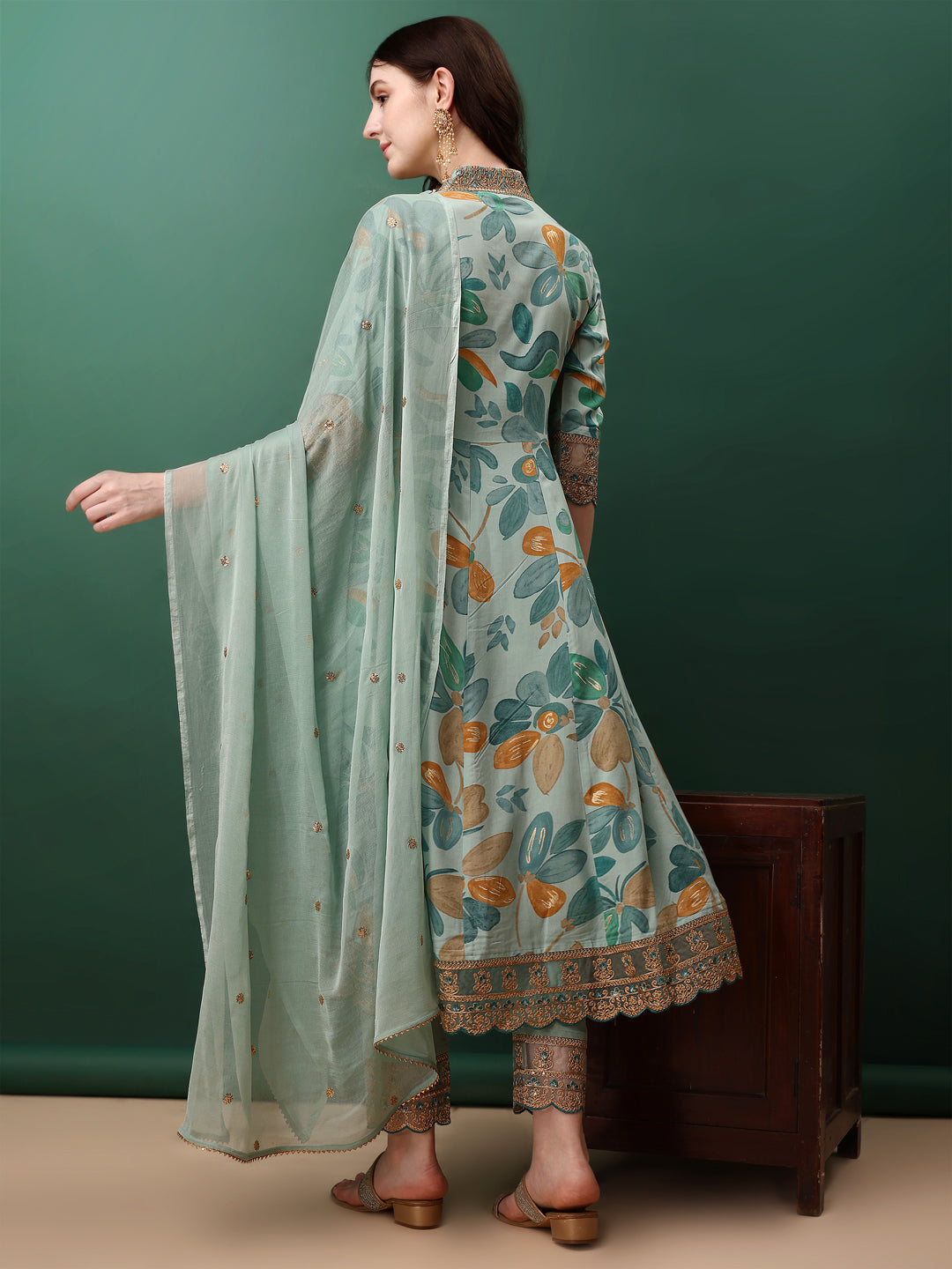 Blue Flared Floral Printed Kurta Set with Embroidery