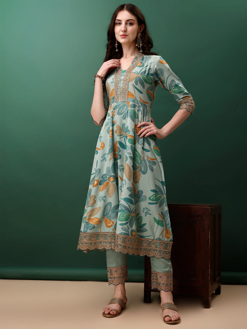 Blue Flared Floral Printed Kurta Set with Embroidery