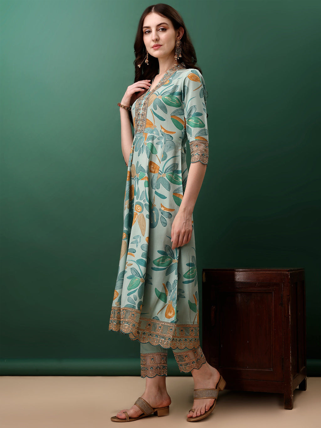 Blue Flared Floral Printed Kurta Set with Embroidery