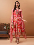 Pink floral printed flared rayon kurta set with matching pants and dupatta
