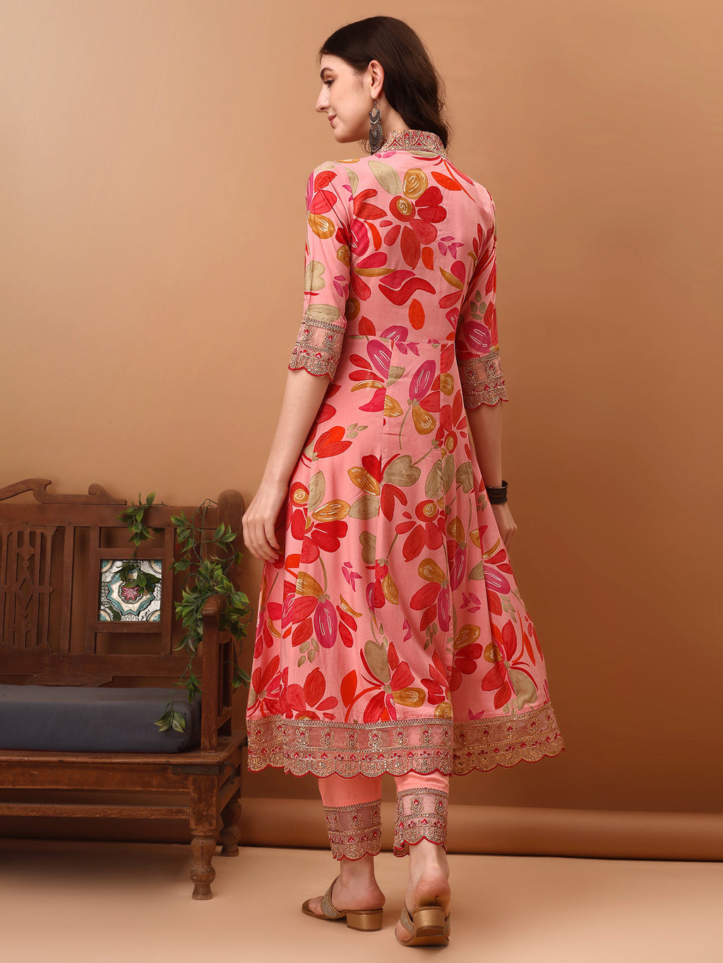 Embroidered Floral Flared Kurta Set with Pant and Dupatta - Pink