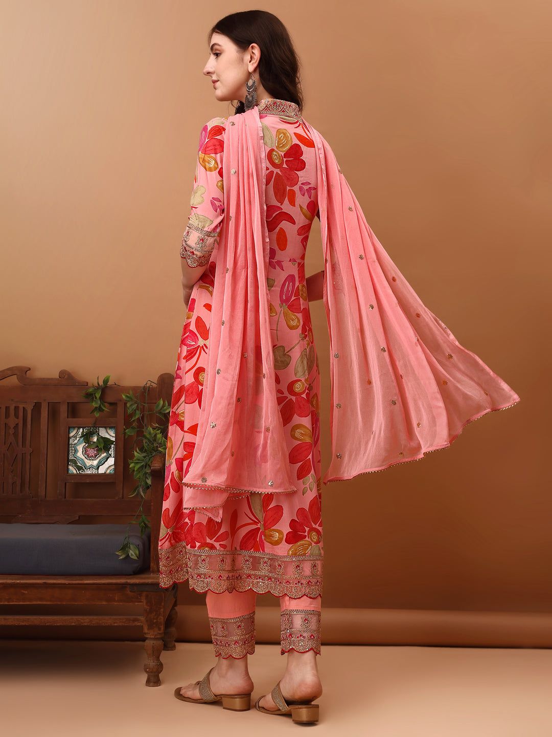 Embroidered Floral Flared Kurta Set with Pant and Dupatta - Pink