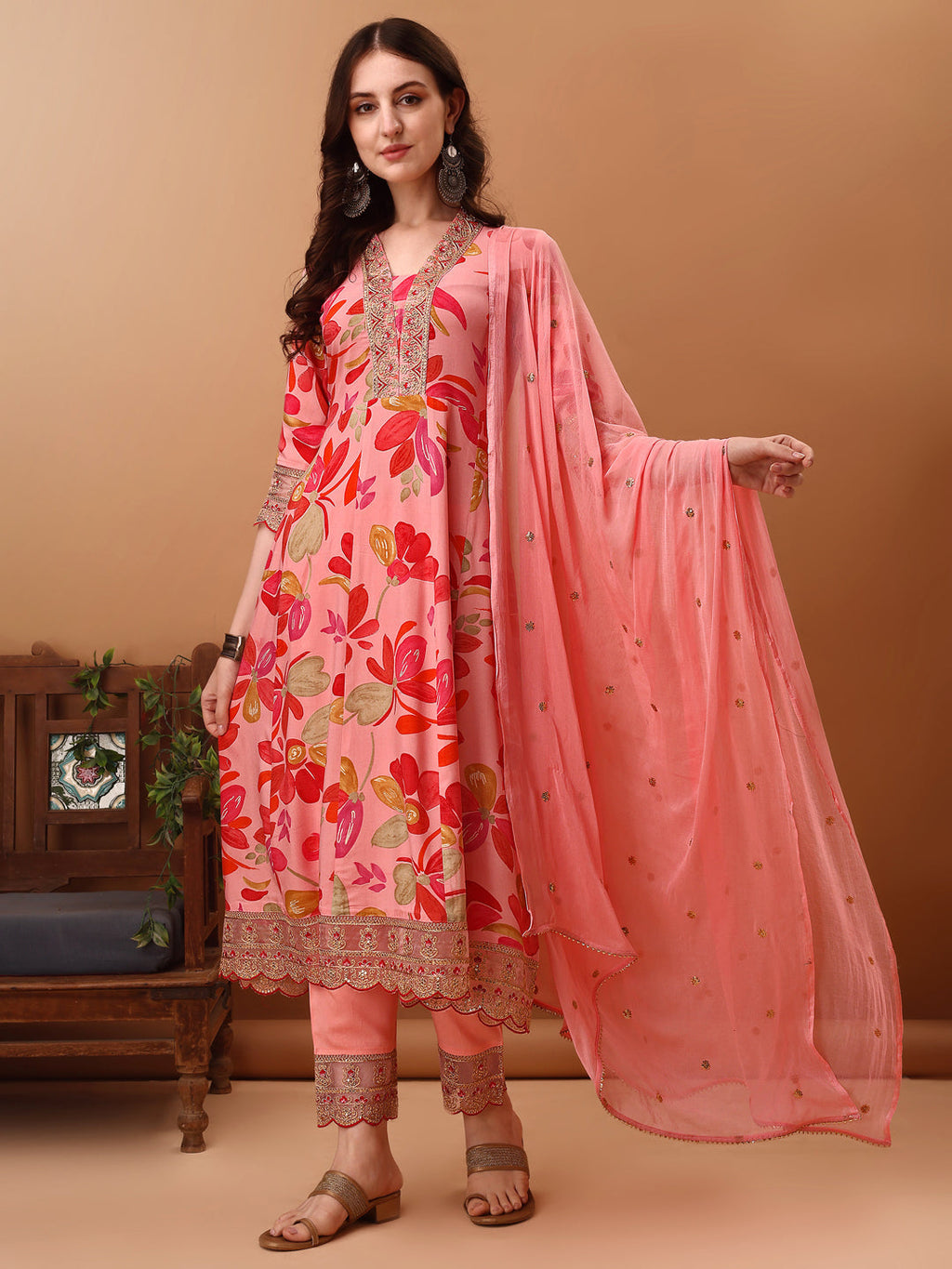 Embroidered Floral Flared Kurta Set with Pant and Dupatta - Pink