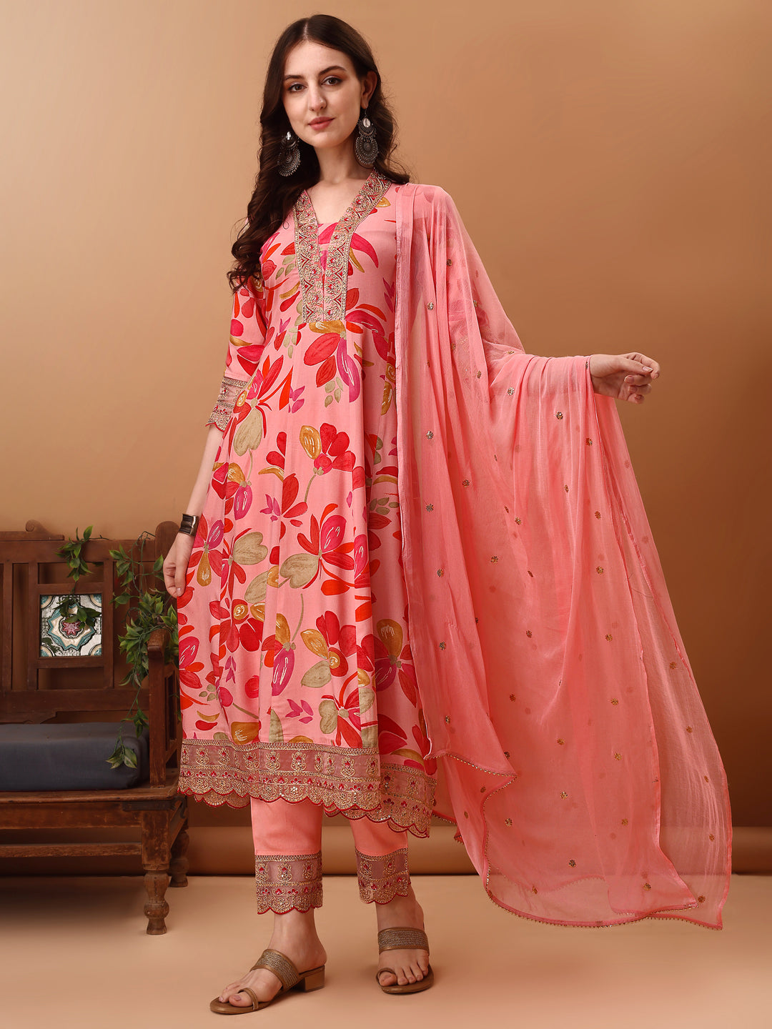Embroidered Floral Flared Kurta Set with Pant and Dupatta - Pink