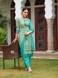 Blue rayon kurta set with floral print and embroidery featuring a round neck and 3/4th sleeves.
