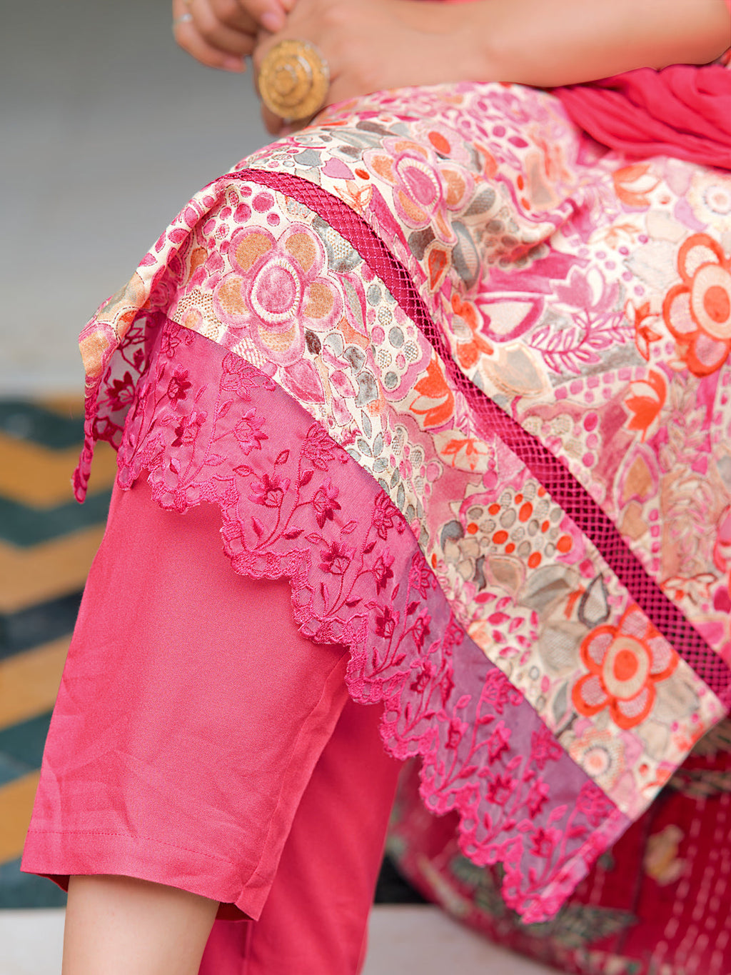 Floral Printed Pink Kurta Set with Embroidery and Dupatta
