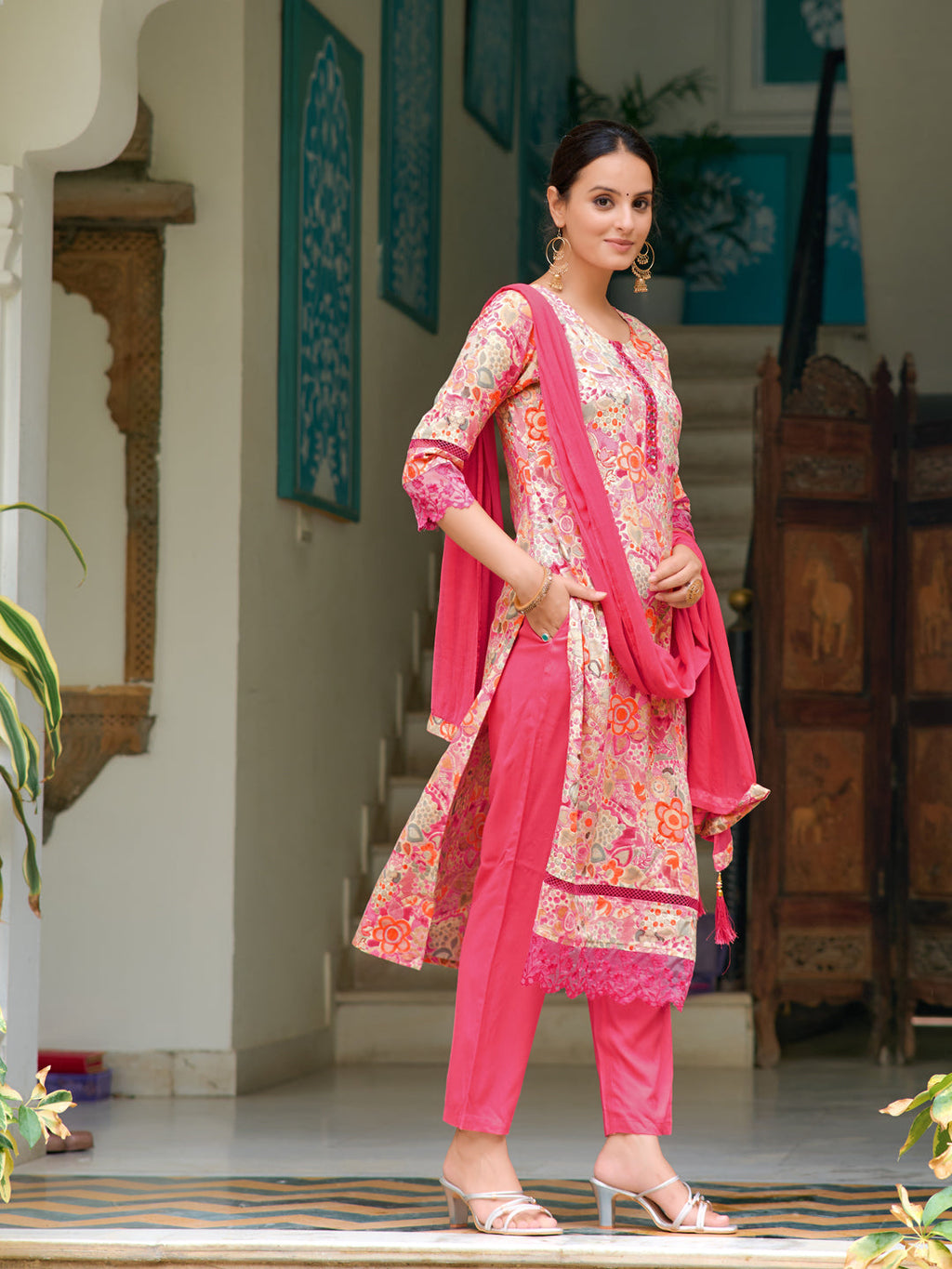 Floral Printed Pink Kurta Set with Embroidery and Dupatta