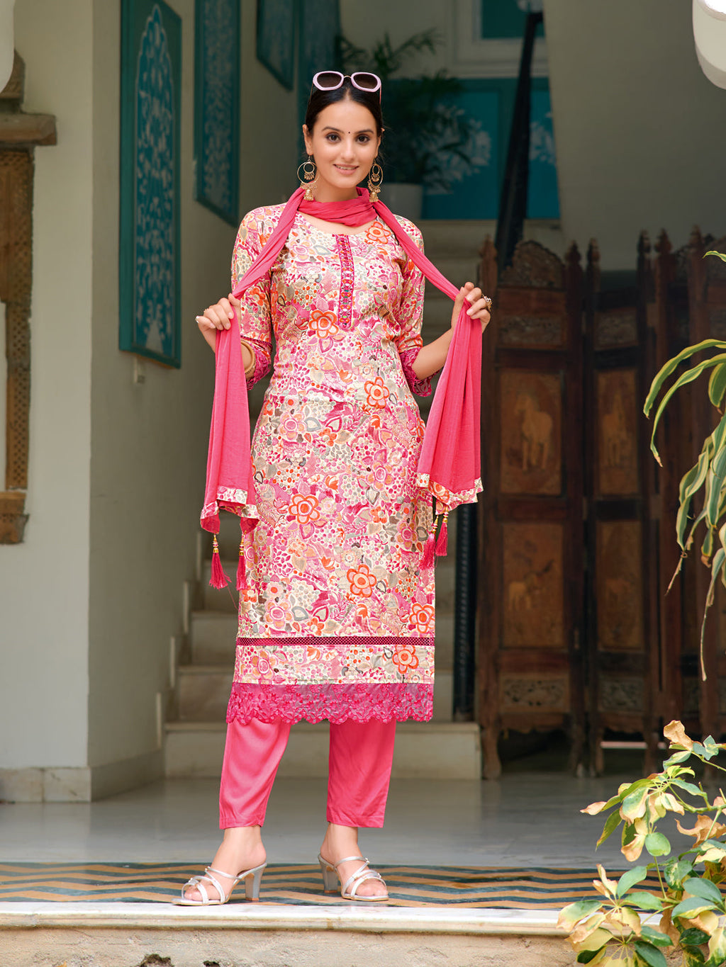 Pink floral printed kurta set with embroidery featuring 3/4 sleeves and matching dupatta