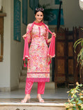 Pink floral printed kurta set with embroidery featuring 3/4 sleeves and matching dupatta